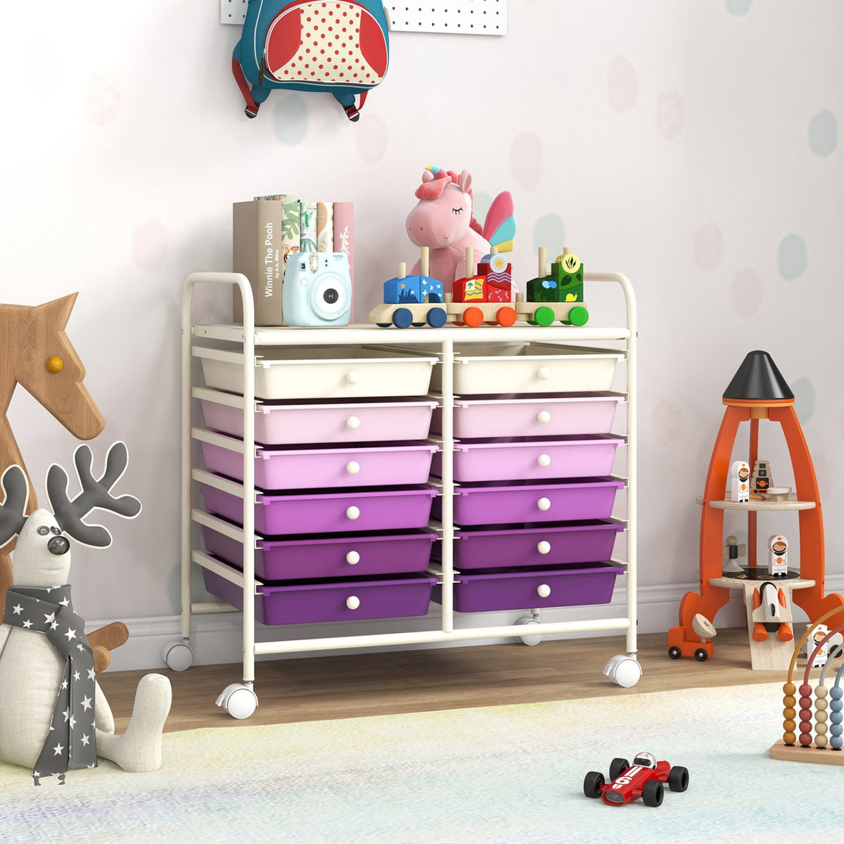 12 Drawers Rolling Storage Cart for Home and Office-Purple view 2