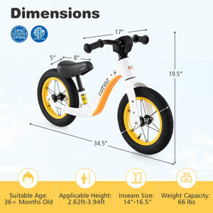 12-Inch Balance Bike with Adjustable Seat and Rotatable Handlebar for Over 36 Months Old-White view 4