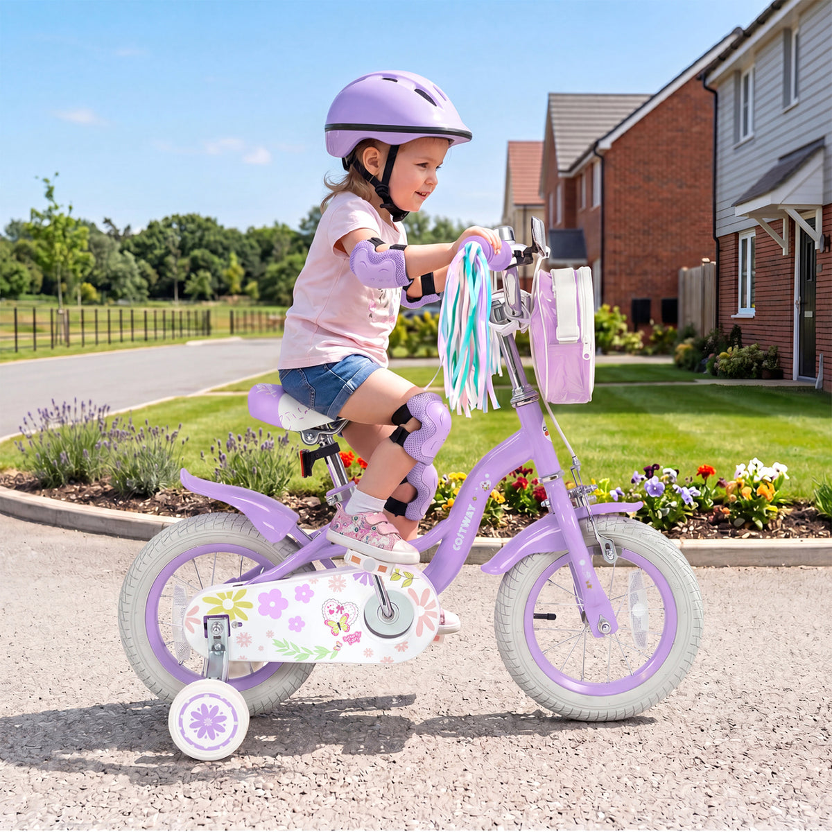 12 Inches Girls Bike with Front Bag and Streamers for 3-4 Years Purple view 2