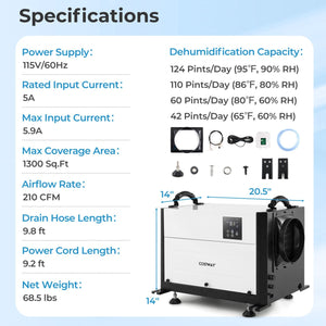124 Pint Crawl Space Dehumidifier with 3 Modes and 24H Timer-White view 3