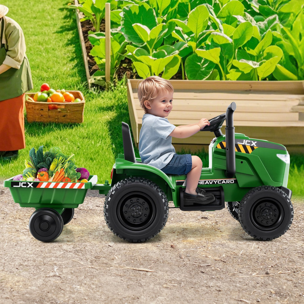 12V 2-in-1 Kids Ride On Tractor with Trailer and 3-Gear Shift-Grayish Green view 2