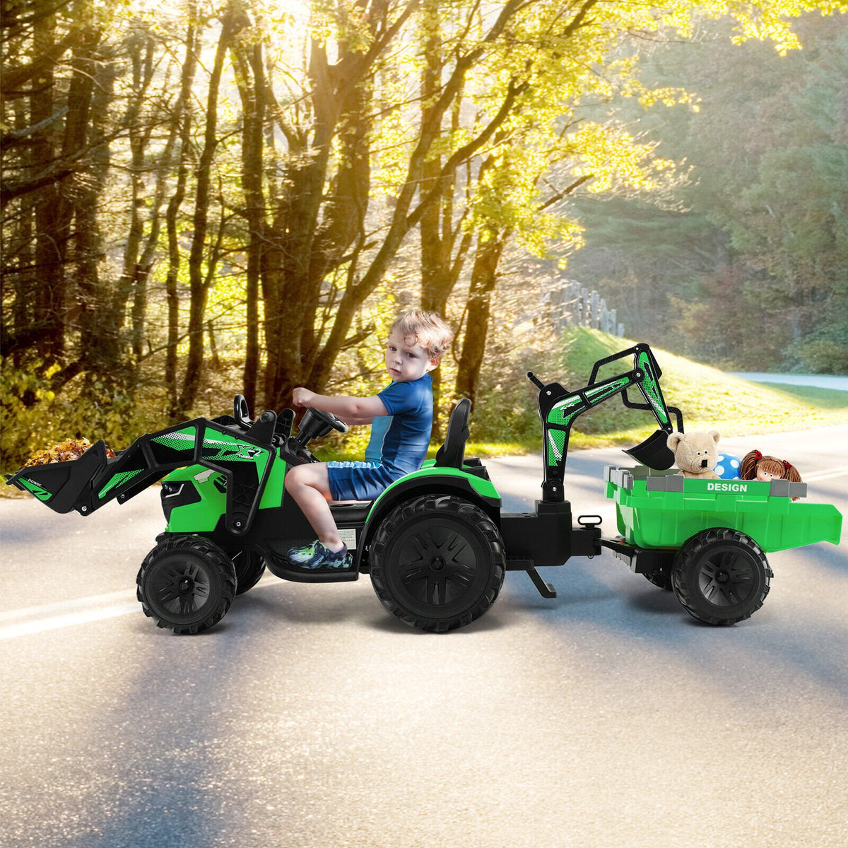 12V 3 in 1 Kids Ride On Excavator with Shovel Bucket and Music-Green view 2