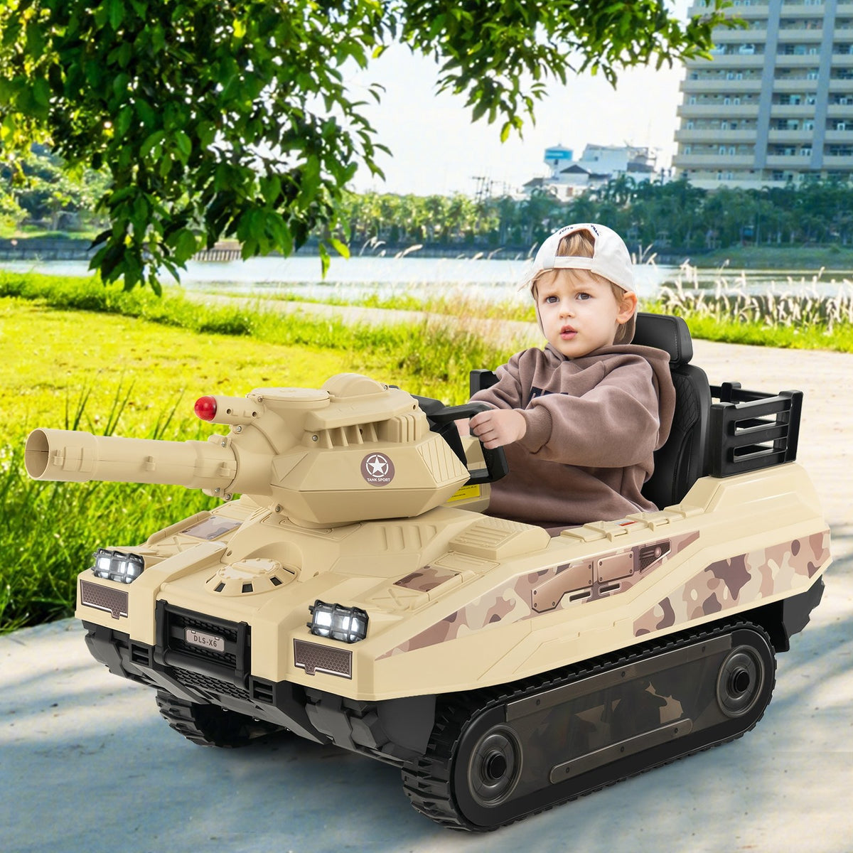 12V Electric Kids Ride On Tank with Rotatable Turret and 8 Missiles for Kids Aged 37-95 Months Old-Khaki view 2