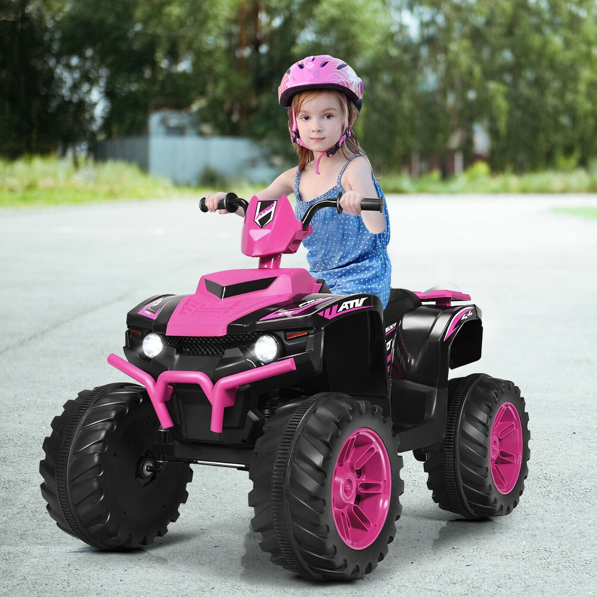 12V Kids Ride on ATV with LED Lights and Treaded Tires and LED lights-Pink view 2