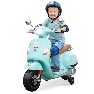 12V Kids Electric Motorcycle Licensed VESPA with Music and Training Wheels-Green view 3