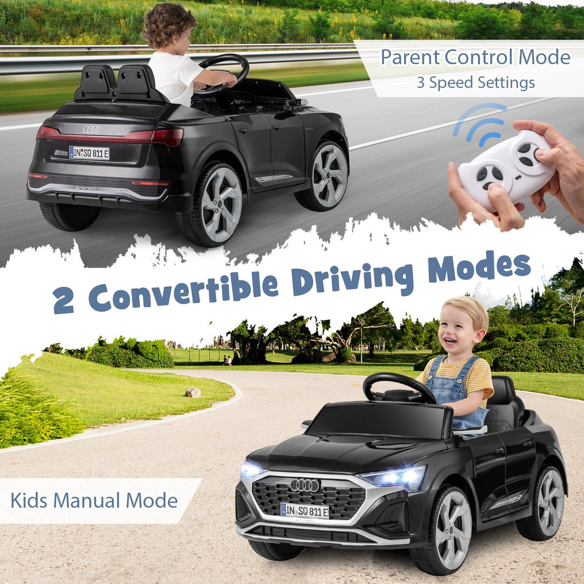 12V Kids Ride on Car Licensed Audi SQ8 with Remote Control and 3 Speeds-Black view 2