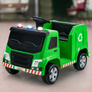 12V Kids Ride-on, Garbage Truck with Warning Lights and 6 Recycling Accessories-Green view 3