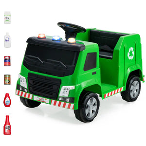 12V Kids Ride-on, Garbage Truck with Warning Lights and 6 Recycling Accessories-Green view 4