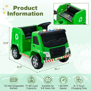 12V Kids Ride-on, Garbage Truck with Warning Lights and 6 Recycling Accessories-Green view 5