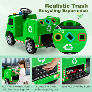 12V Kids Ride-on, Garbage Truck with Warning Lights and 6 Recycling Accessories-Green view 8
