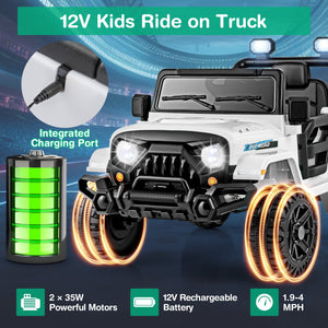 12V Kids Ride on Truck Car with Remote Control Threaded Wheels and 3 Speeds-White view 7