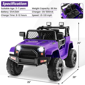 12V Kids Ride On Truck with Remote Control and Headlights-Purple view 4
