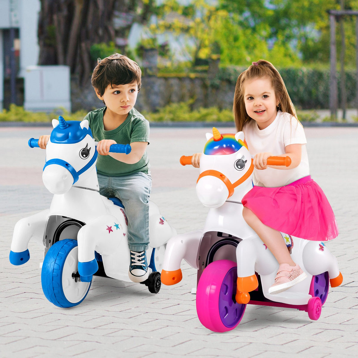12V Unicorn Ride on Toy with Training Wheels and Horse Riding Mode-Colorful view 2