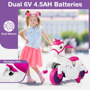 12V Unicorn Ride on Toy with Training Wheels and Horse Riding Mode-Rose Red view 6