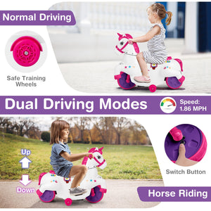 12V Unicorn Ride on Toy with Training Wheels and Horse Riding Mode-Rose Red view 7