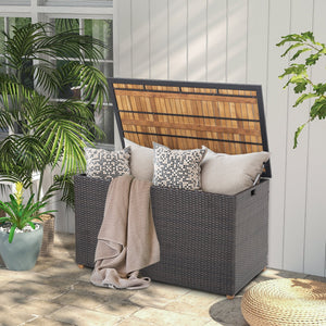 134 Gallon Rattan Storage Box with Zippered Liner and Solid Acacia Wood Top view 2
