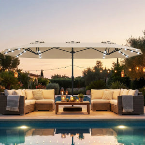 13FT Double-sided Patio Umbrella with Solar Lights for Garden Pool Backyard-Beige view 2
