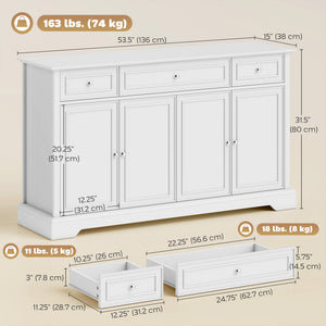 Sideboard Buffet Cabinet, 54" Kitchen Storage Cabinet with Soft-Close Doors, 3 Drawers and 2 Adjustable Shelves, White