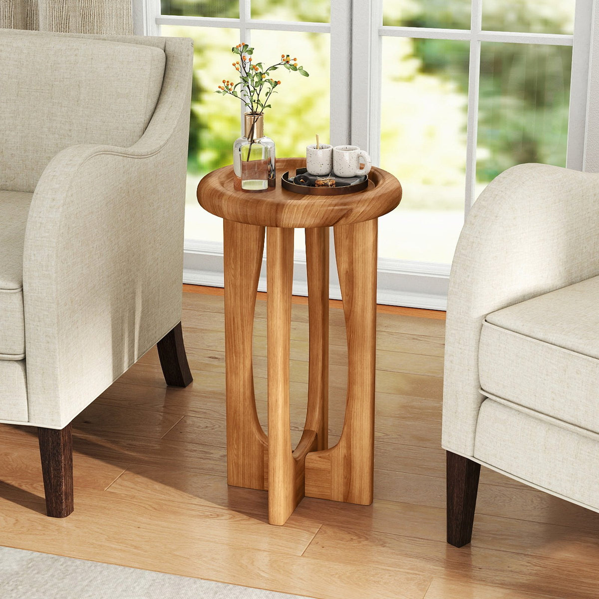 14 Inch Farmhouse End Table with Round Tray Top and Wood Cross Legs view 2