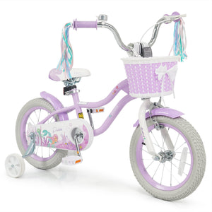 14 Inch Kids Bike Adjustable with Basket and Streamers Purple - Princess of the Sea Theme