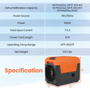 140 Pints Commercial Dehumidifier with Pump and Drain Hose-Orange view 3