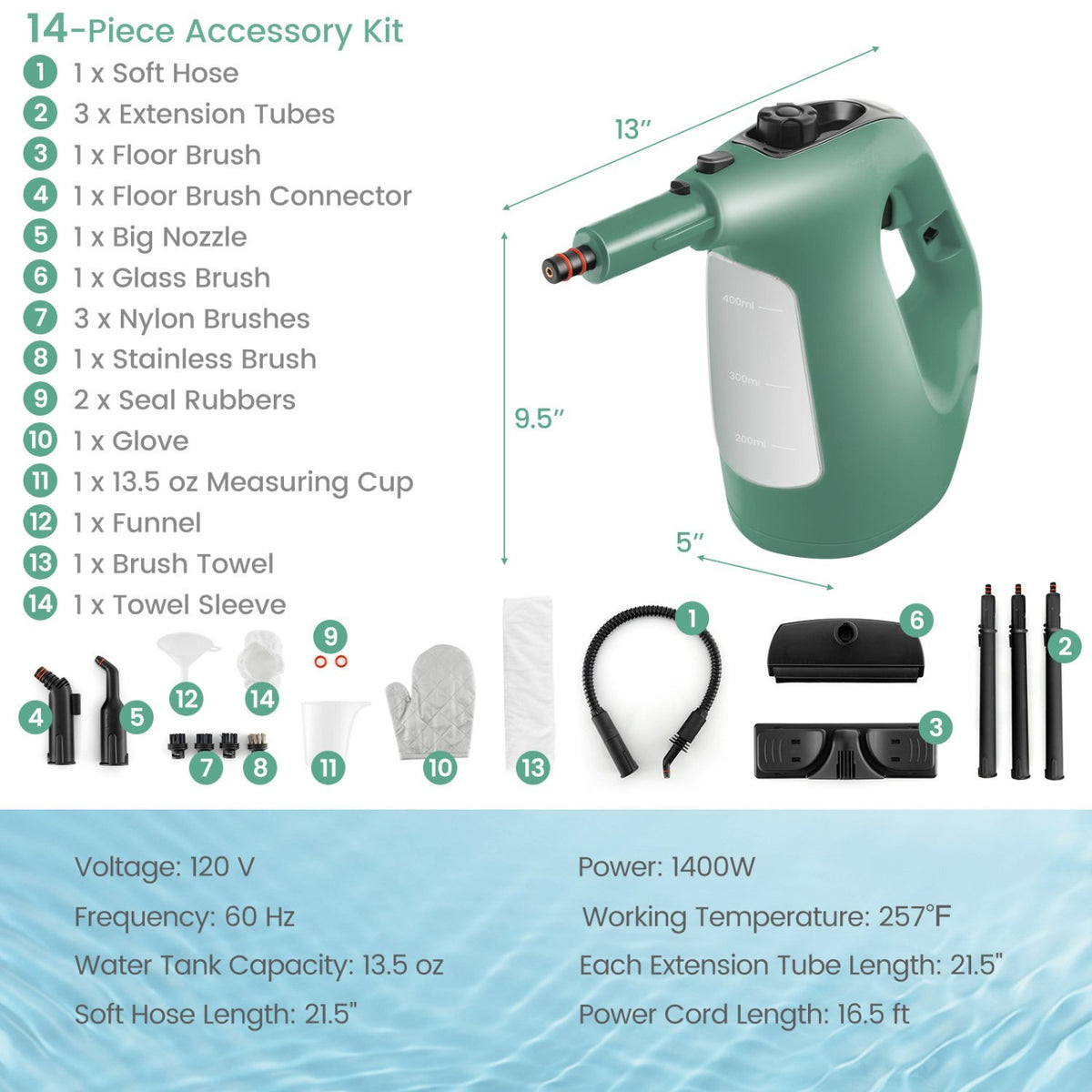 1400W Handheld Steam Cleaner with 14-Piece Accessory Kit and Child Lock-Green view 2