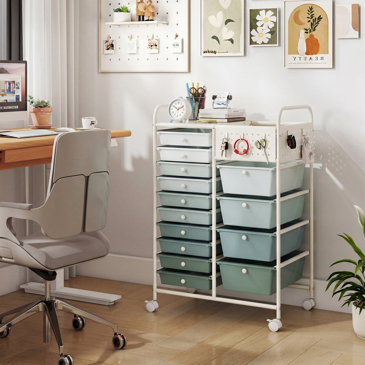 14-Drawer Rolling Storage Cart with Metal Tabletop and Pegboard-Gradient Green view 2