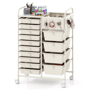 14-Drawer Rolling Storage Cart with Metal Tabletop and Pegboard-White view 4