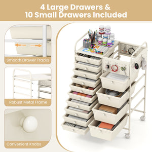 14-Drawer Rolling Storage Cart with Metal Tabletop and Pegboard-White view 6
