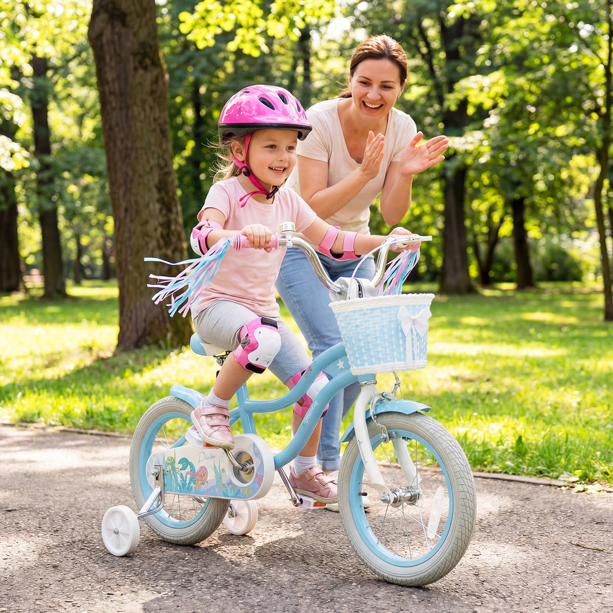 14 Inch Kids Bike Adjustable with Basket and Streamers Blue for Kids Aged 3-5 Years Old - Princess of the Sea Theme view 2