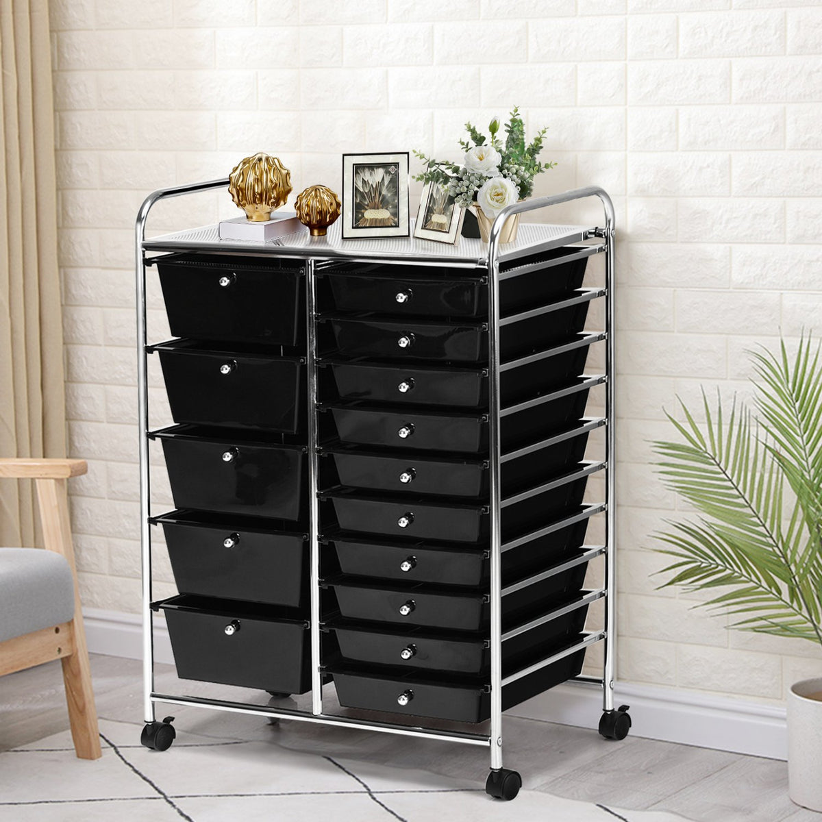 15-Drawer Utility Rolling Organizer Cart Multi-Use Storage-Black view 2