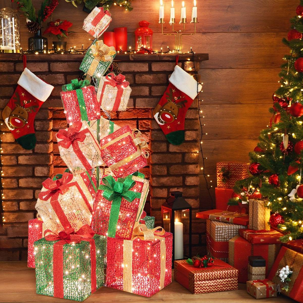 15 Stacked Lighted Christmas Gift Box Tower with 450 Warm White Lights view 2