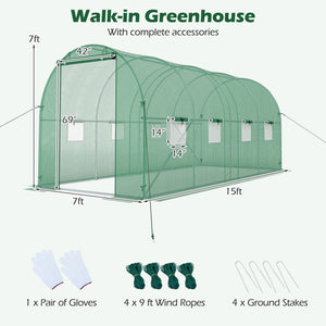 15 x 7 x 7 ft Walk-in Tunnel Greenhouse for Outdoors-Green view 5