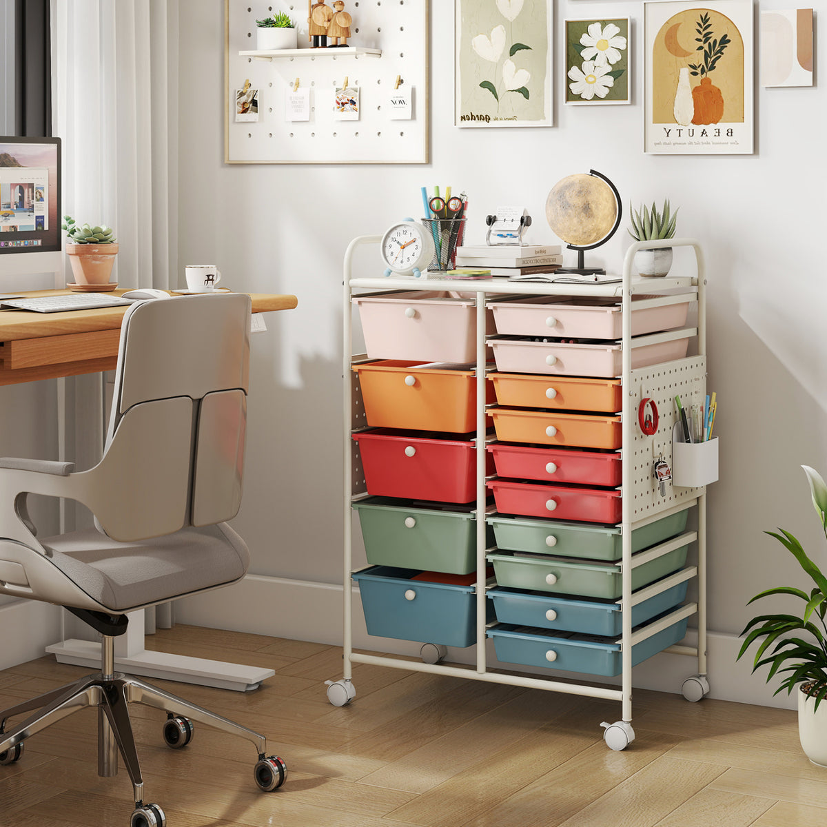 15-Drawer Rolling Storage Cart with Metal Tabletop and Pegboard-Macaron view 2