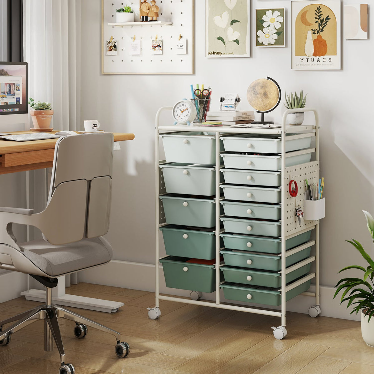 15-Drawer Rolling Storage Cart with Metal Tabletop and Pegboard-Green view 2