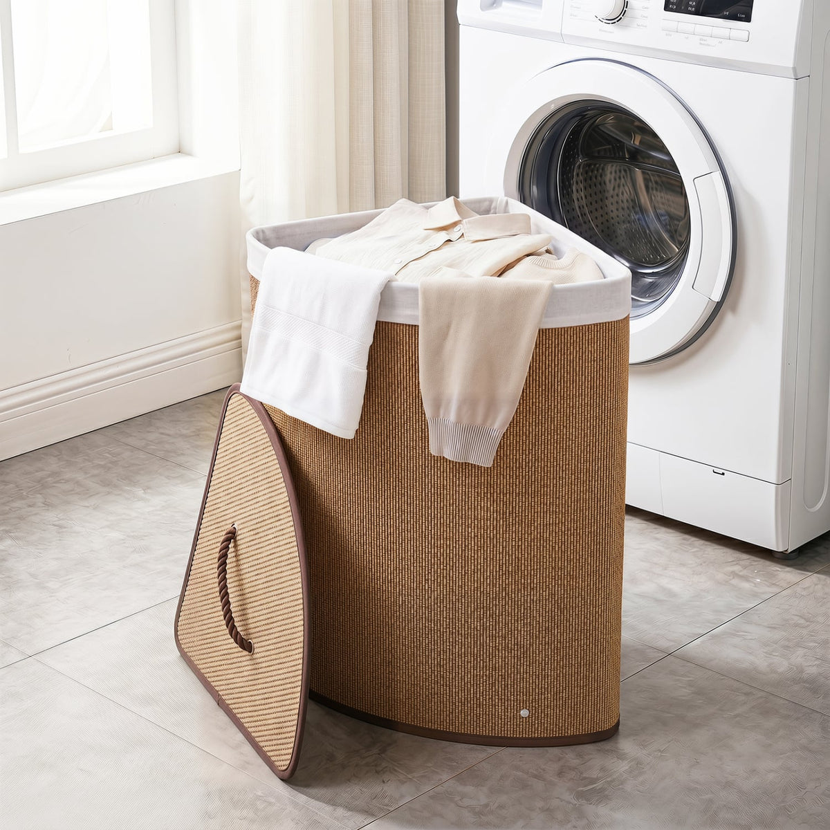 15 Gal Capacity Bamboo Laundry Hamper with Removable Liner-Brown view 2