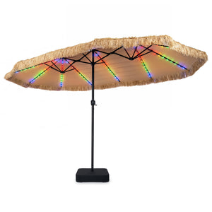 15 x 9 FT Solar Double-sided Patio Umbrella wITH 144 Multi-colored Flowing Lights and Umbrella Base-Brown