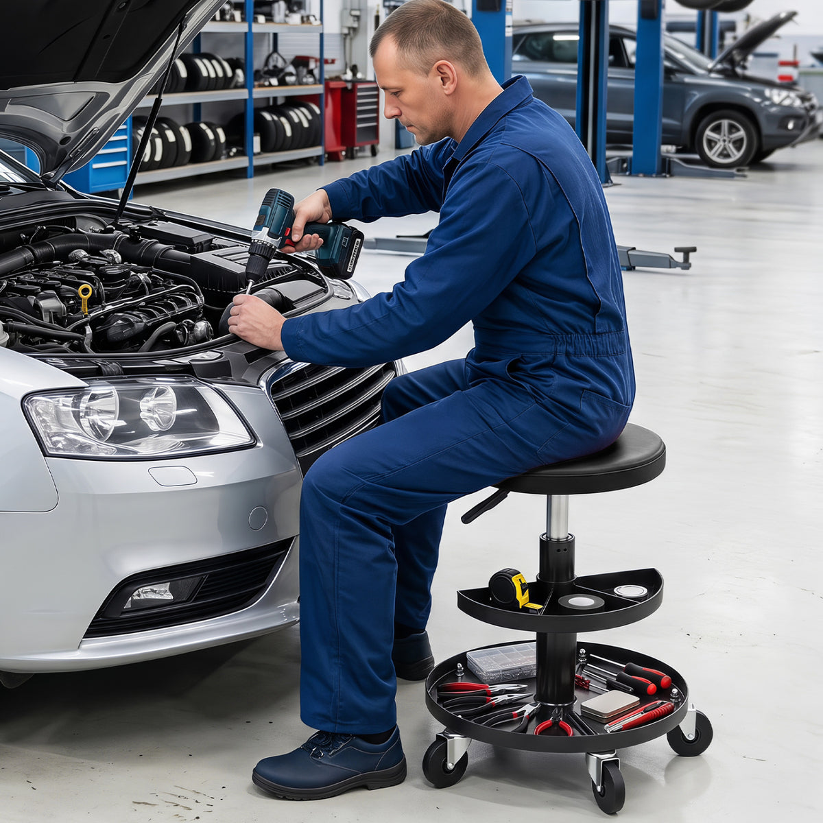 16.5 inches-22 inches Adjustable Height Seat Rolling Mechanic Stool with Wheels-Black view 2
