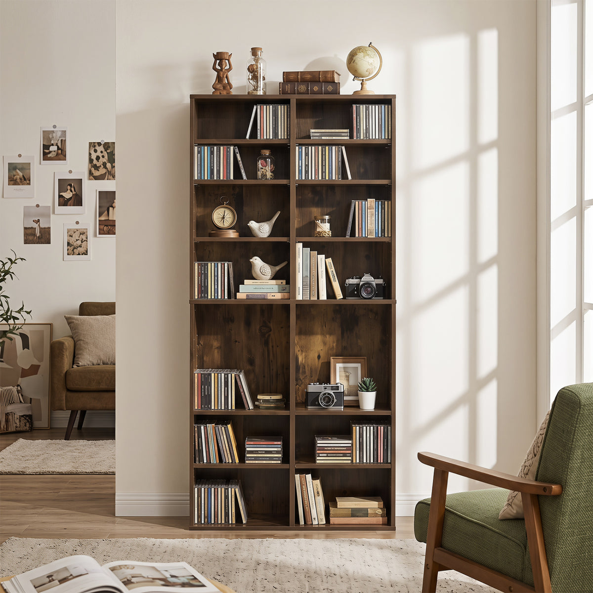 16 Compartment CD Storage Unit 54 inches Freestanding Open Display Shelf with 12 Removable Shelves-Brown view 2