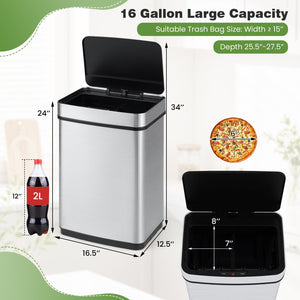 16 Gallon Trash Can Infrared Motion Sensor Garbage Can with Dual Compartments-Silver view 5