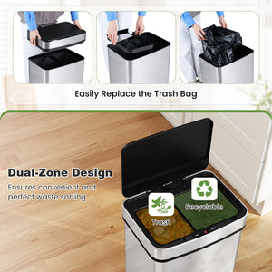 16 Gallon Trash Can Infrared Motion Sensor Garbage Can with Dual Compartments-Silver view 6