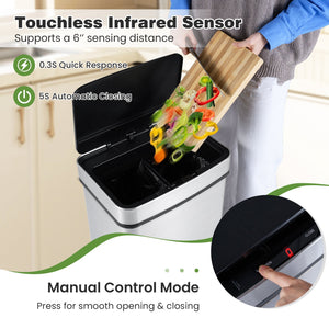 16 Gallon Trash Can Infrared Motion Sensor Garbage Can with Dual Compartments-Silver view 7