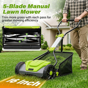 16 Inch Adjustable Cutting Heights 5-Blade Push Reel Lawn Mower with 8 Gal Removable Grass Catcher Bag-Green view 5