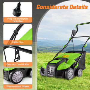 16-Inch Electric Lawn Dethatcher and Scarifier with Collection Bag-Green view 5