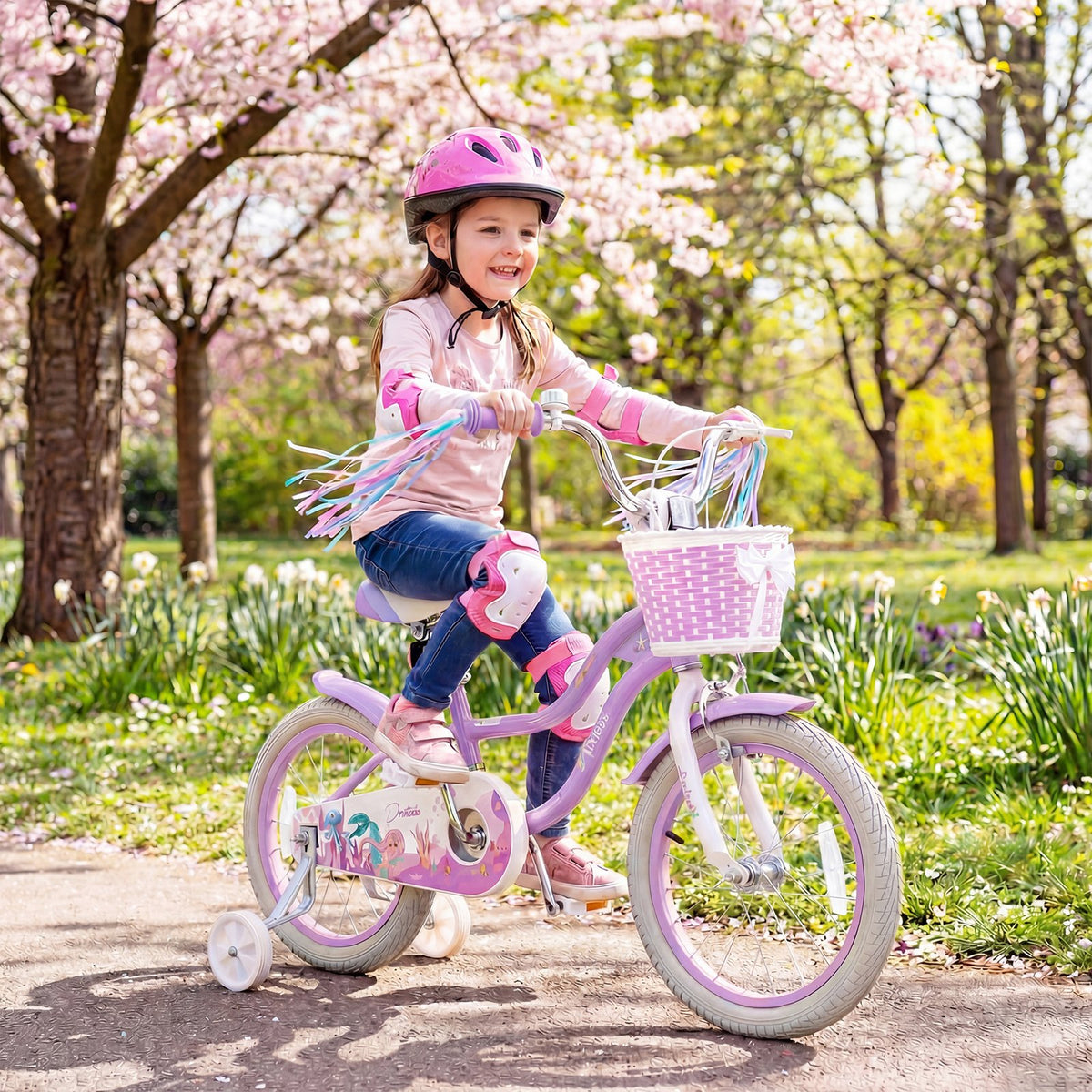 16 Inch Kids Bike Adjustable with Basket and Streamers Purple - Princess of the Sea Theme view 2