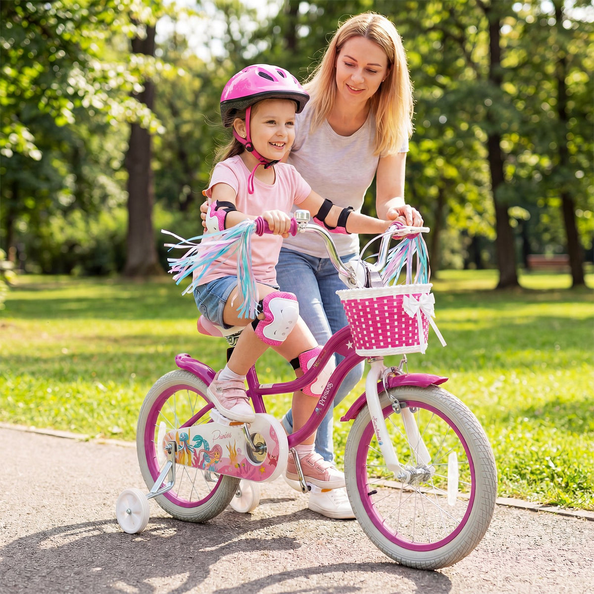 16-Inch Kids Bike Adjustable with Basket and Streamers Rose Red - Princess of the Sea Theme view 2
