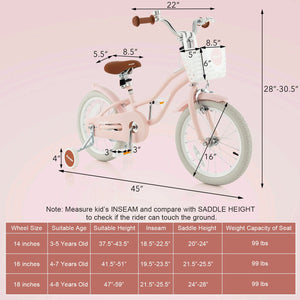 16 Inch Kids Bike with Front Handbrake and 2 Training Wheels-Pink view 3