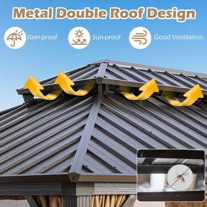16 x 12 Feet Hardtop Gazebo Aluminum Frame Permanent Pavilion with Curtains and Netting-Coffee view 6