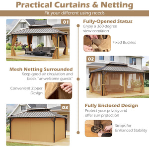 16 x 12 Feet Hardtop Gazebo Aluminum Frame Permanent Pavilion with Curtains and Netting-Coffee view 7