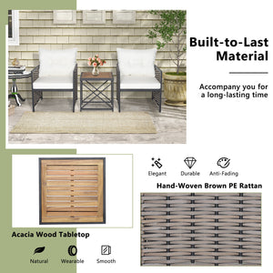 3 Pieces Patio Rattan Furniture Set with Acacia Wood Tabletop-White view 3